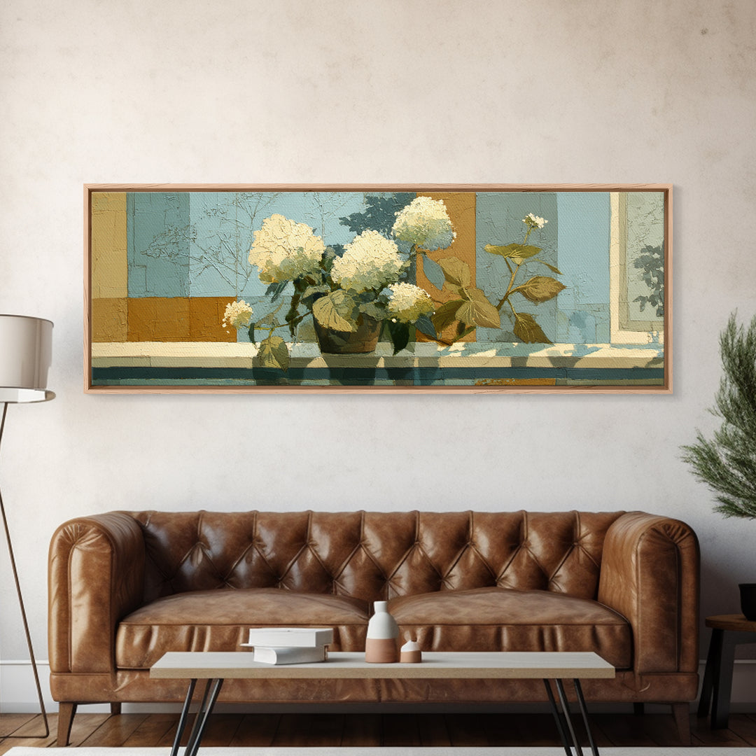 Sunlit Hydrangeas on a Windowsill Framed Canvas Print, Bed and Breakfast Art, Canvas Wall Art, Living Room Decor, Fine Art, BAB-3x1-2