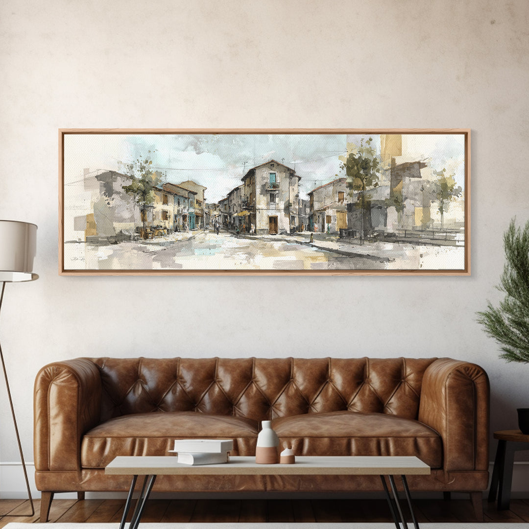 Soft Watercolor Village Street at Dawn Canvas Print, Bed and Breakfast Art, Farmhouse Wall Art, Living Room Decor, Fine Art, BAB-3x1-21