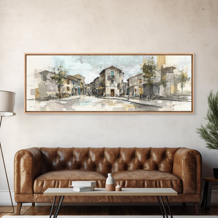 Soft Watercolor Village Street at Dawn Canvas Print, Bed and Breakfast Art, Farmhouse Wall Art, Living Room Decor, Fine Art, BAB-3x1-21