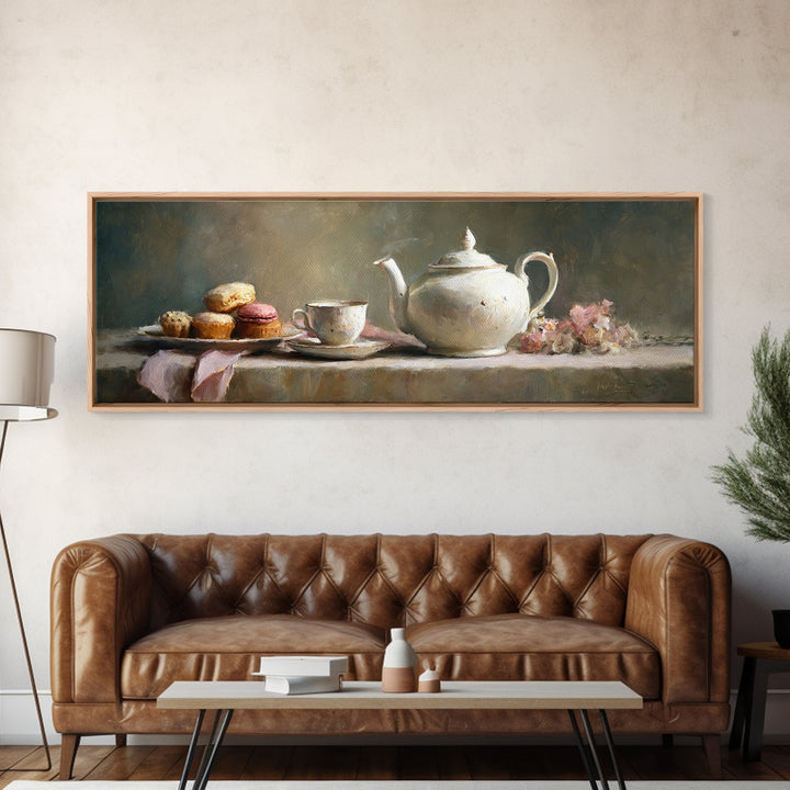 Porcelain Teapot and Scones Framed Canvas Print, Bed and Breakfast Art, Bedroom Art, Living Room Decor, Oil Painting, BAB-3x1-28