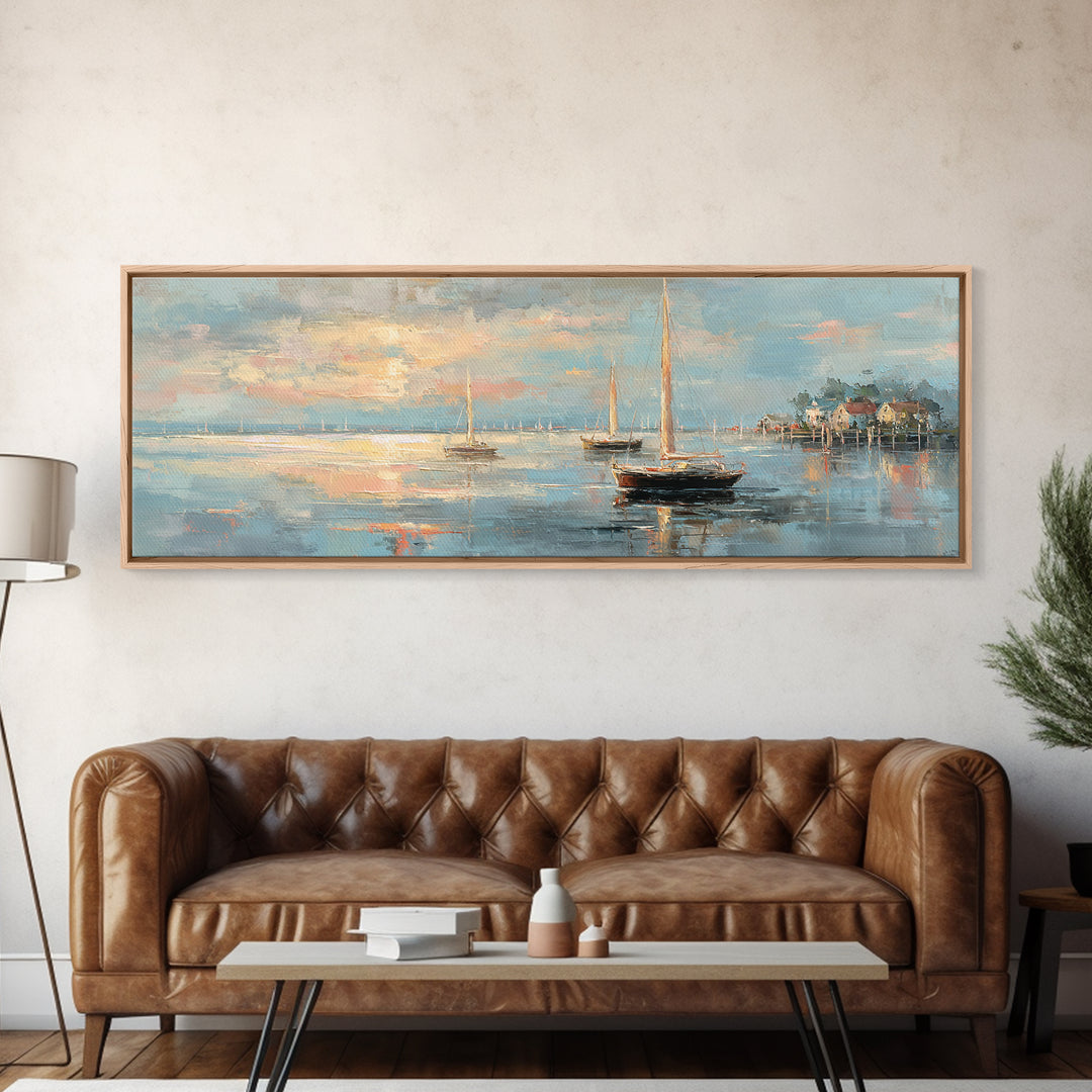 Coastal Inn Sailboat at Sunrise Canvas Print, Bed and Breakfast Art, Above Bed Decor, Living Room Decor, Fine Art, BAB-3x1-33