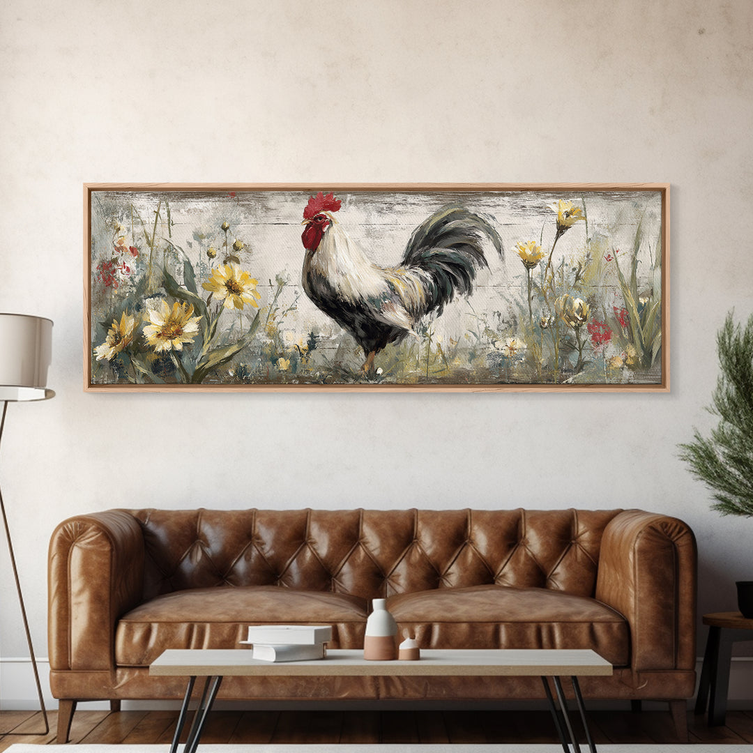 Rooster and Wildflower Country Portrait Canvas Print, Bed and Breakfast Art, Minimalist Decor, Living Room Decor, Oil Painting, BAB-3x1-35