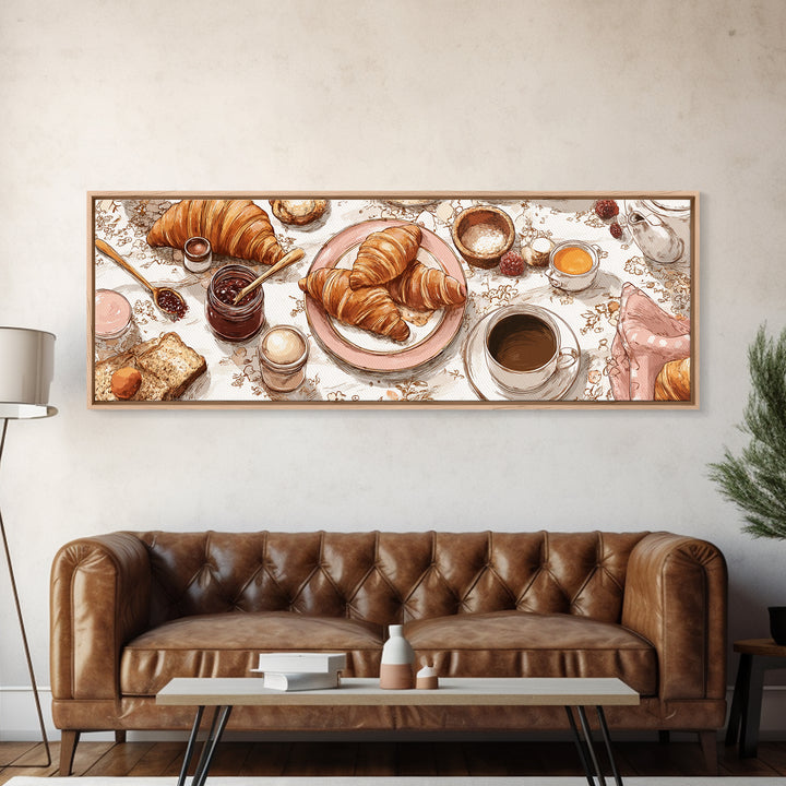 Fresh Croissants and Jam on a Linen Canvas Print, Bed and Breakfast Art, Bedroom Wall Art, Living Room Decor, Abstract Art, BAB-3x1-42