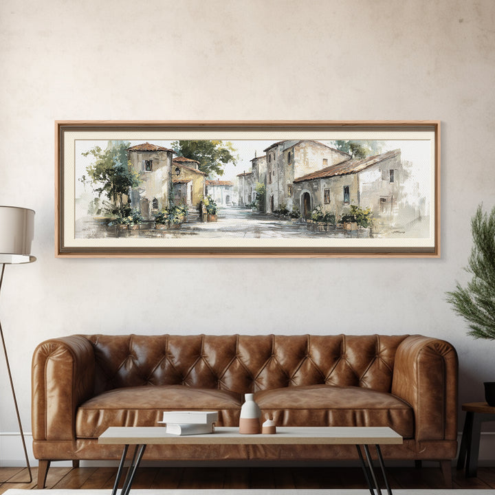 Soft Watercolor Village Street at Dawn Canvas Print, Bed and Breakfast Art, Farmhouse Wall Art, Living Room Decor, Fine Art, BAB-3x1-45