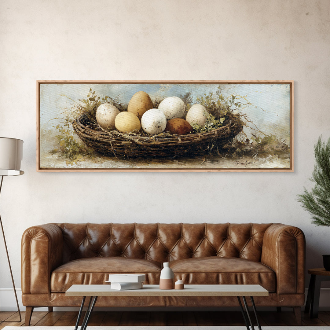 Fresh Eggs in a Woven Basket with Canvas Print, Bed and Breakfast Art, Bedroom Wall Decor, Living Room Decor, Fine Art, BAB-3x1-46