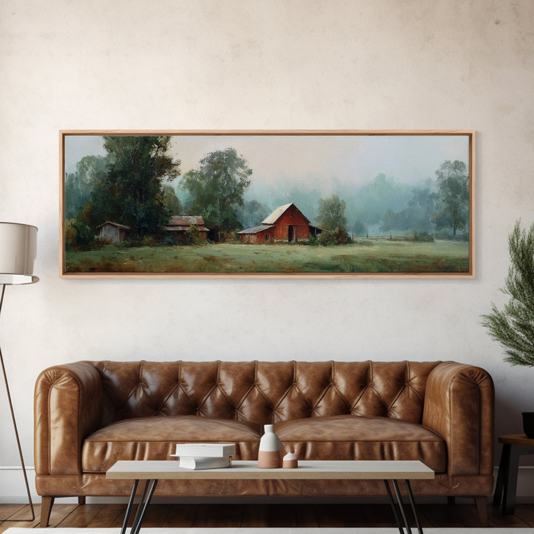Old Farmhouse Landscape Framed Canvas Print, Bed and Breakfast Art, Digital Art, Living Room Decor, Fine Art, BAB-3x1-47
