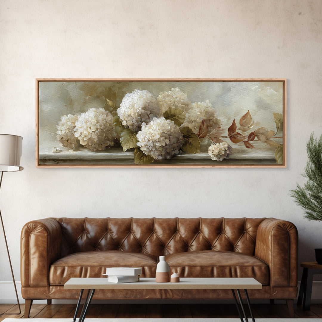 Sunlit Hydrangeas on a Windowsill Canvas Print, Bed and Breakfast Art, Living Room Decor, Watercolor Art, Folk Art, BAB-3x1-50