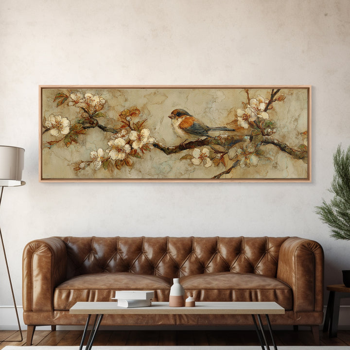 Small Bird on a Flowering Branch Canvas Print, Bed and Breakfast Art, Folk Art, Living Room Decor, Watercolor Art, BAB-3x1-54