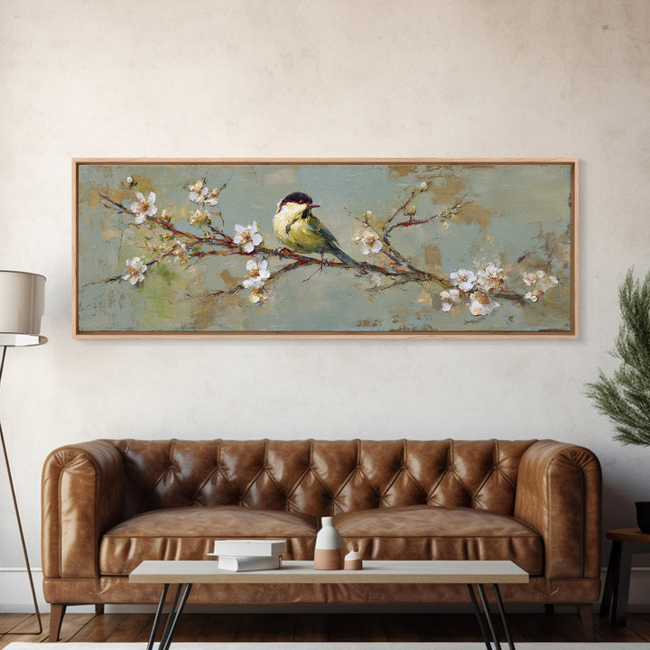 Small Bird on a Flowering Branch Canvas Print, Bed and Breakfast Art, Farmhouse Wall Art, Living Room Decor, Fine Art, BAB-3x1-6