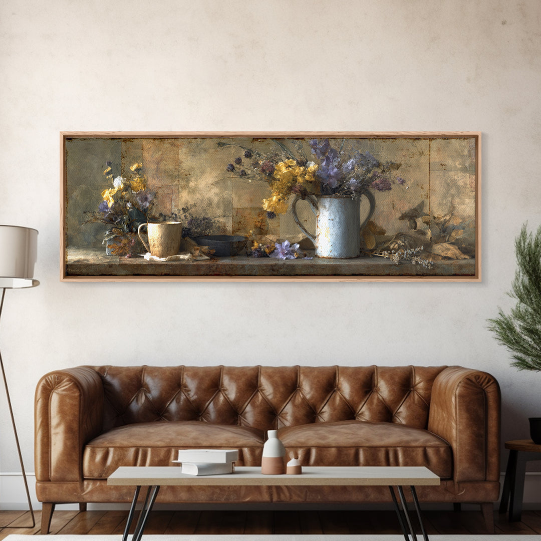 Country Wildflowers in a Chipped Ceramic Pitcher Canvas Print, Bed and Breakfast Art, Rustic Home Decor, Living Room Decor, BAB-3x1-65