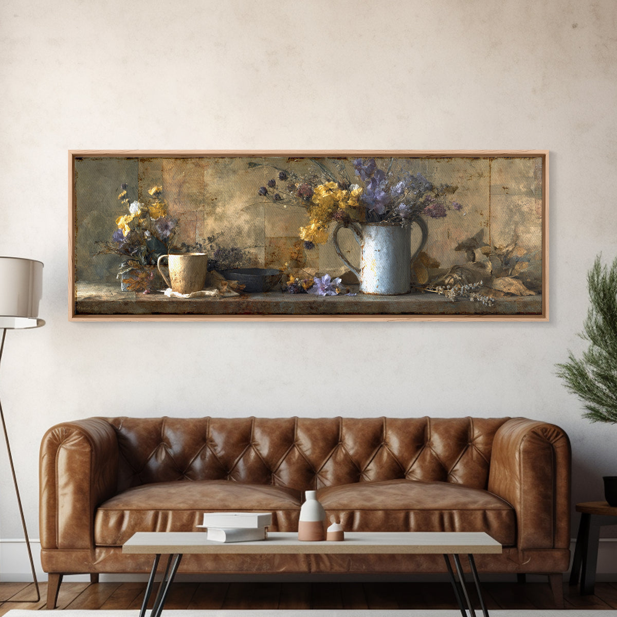 Country Wildflowers in a Chipped Ceramic Pitcher Canvas Print, Bed and Breakfast Art, Rustic Home Decor, Living Room Decor, BAB-3x1-65