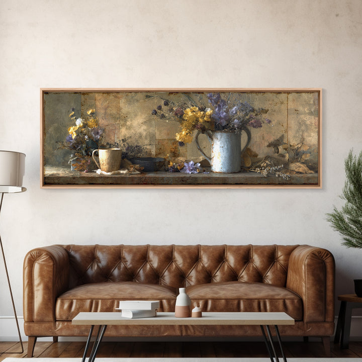 Country Wildflowers in a Chipped Ceramic Pitcher Canvas Print, Bed and Breakfast Art, Rustic Home Decor, Living Room Decor, BAB-3x1-65
