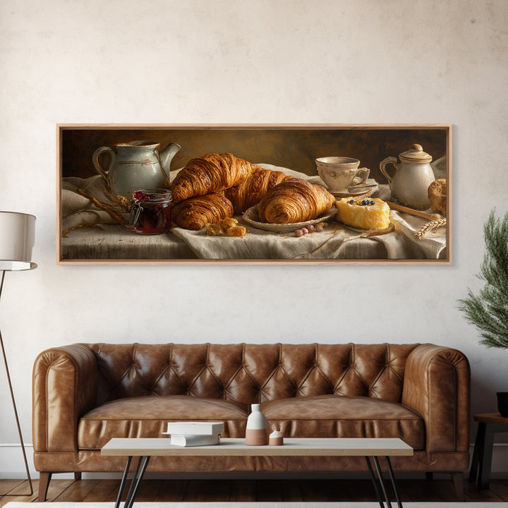 Fresh Croissants and Jam on a Linen Canvas Print, Bed and Breakfast Art, Bedroom Wall Art, Living Room Decor, Abstract Art, BAB-3x1-66