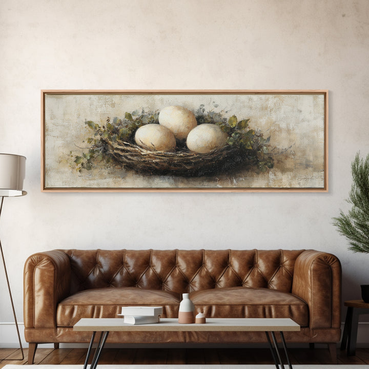 Fresh Eggs in a Woven Basket with Canvas Print, Bed and Breakfast Art, Wall Art, Living Room Decor, Oil Painting, BAB-3x1-70