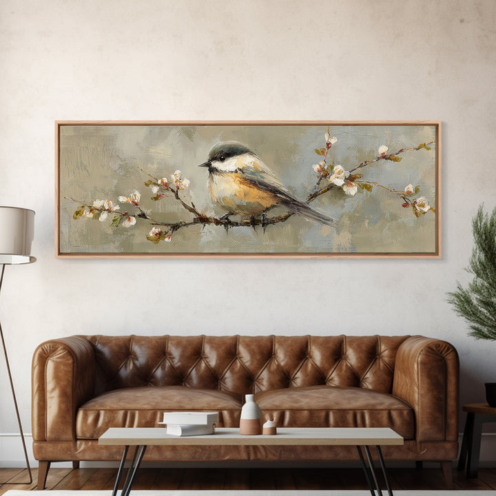 Small Bird on a Flowering Branch Canvas Print, Bed and Breakfast Art, Printable, Living Room Decor, Oil Painting, BAB-3x1-78