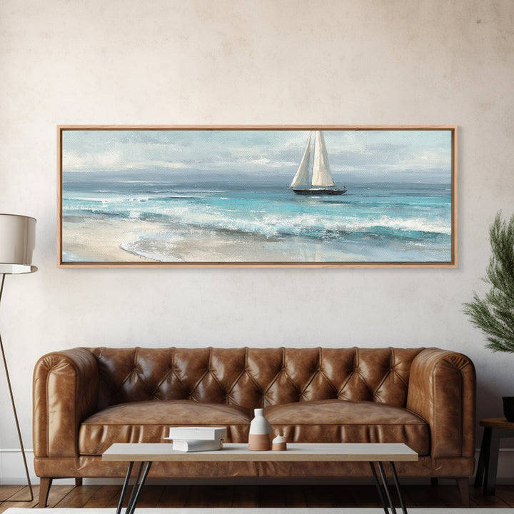 Coastal Inn Sailboat at Sunrise Framed Canvas Print, Bed and Breakfast Art, Folk Art, Living Room Decor, Fine Art, BAB-3x1-81