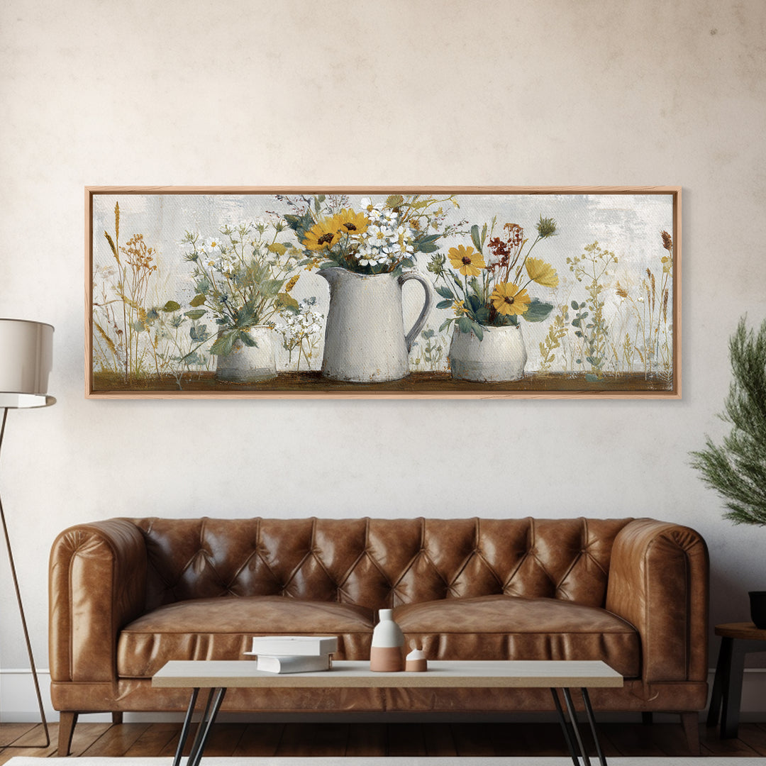 Country Wildflowers in a Chipped Ceramic Pitcher Canvas Print, Bed and Breakfast Art, Boho Decor, Living Room Decor, BAB-3x1-89