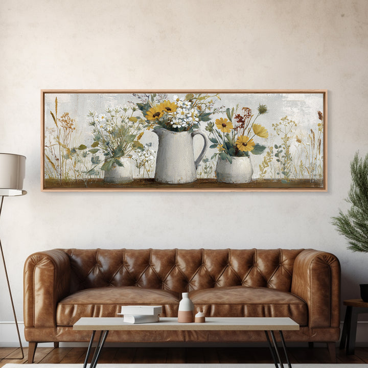 Country Wildflowers in a Chipped Ceramic Pitcher Canvas Print, Bed and Breakfast Art, Boho Decor, Living Room Decor, BAB-3x1-89