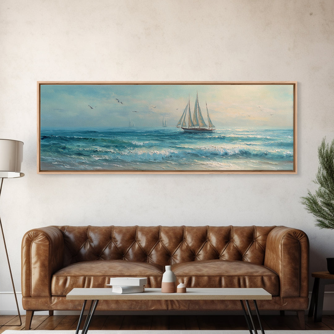 Coastal Inn Sailboat at Sunrise Framed Canvas Print, Bed and Breakfast Art, Dopamine Decor, Living Room Decor, Fine Art, BAB-3x1-9