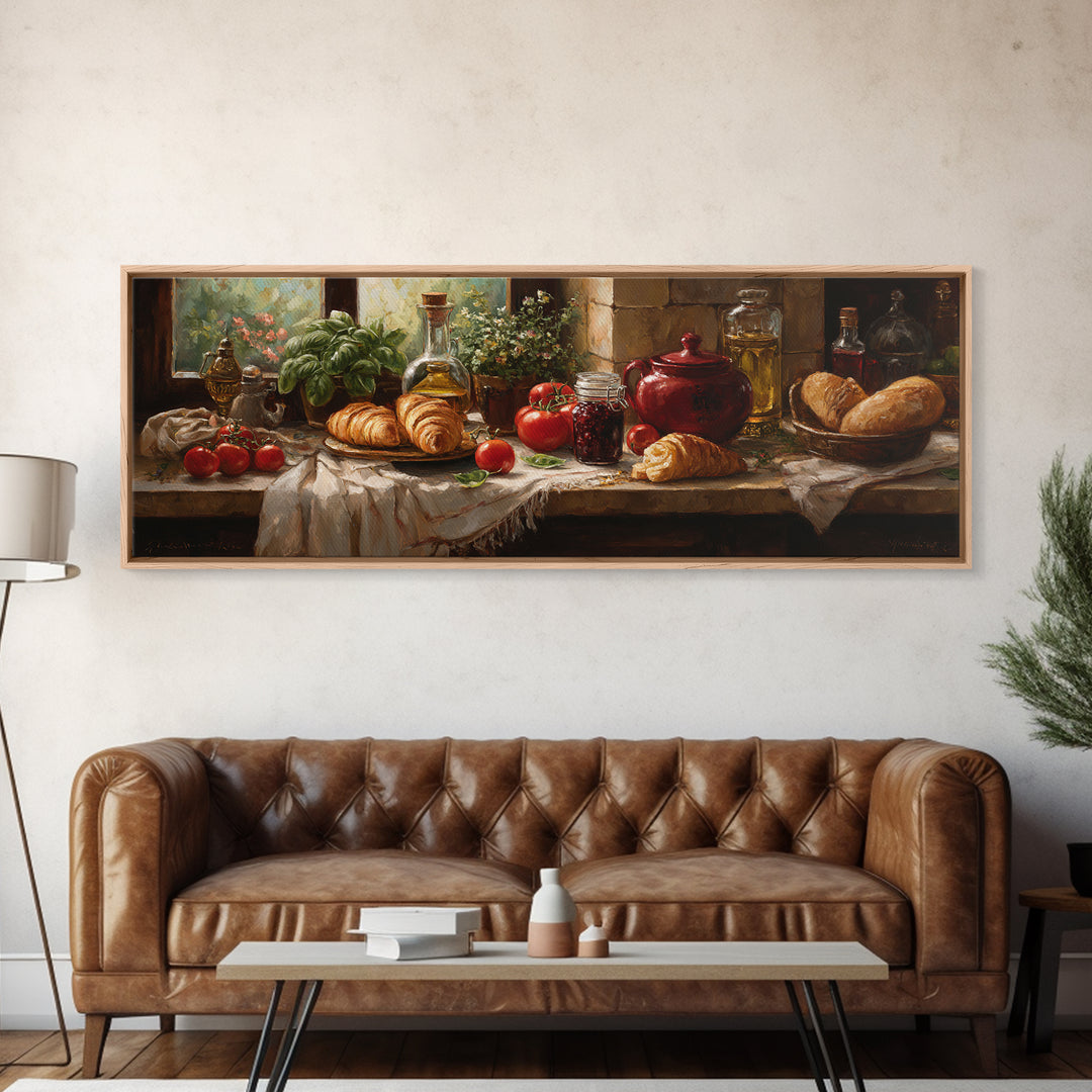 Fresh Croissants and Jam on a Linen Canvas Print, Bed and Breakfast Art, Farmhouse Wall Art, Living Room Decor, BAB-3x1-90