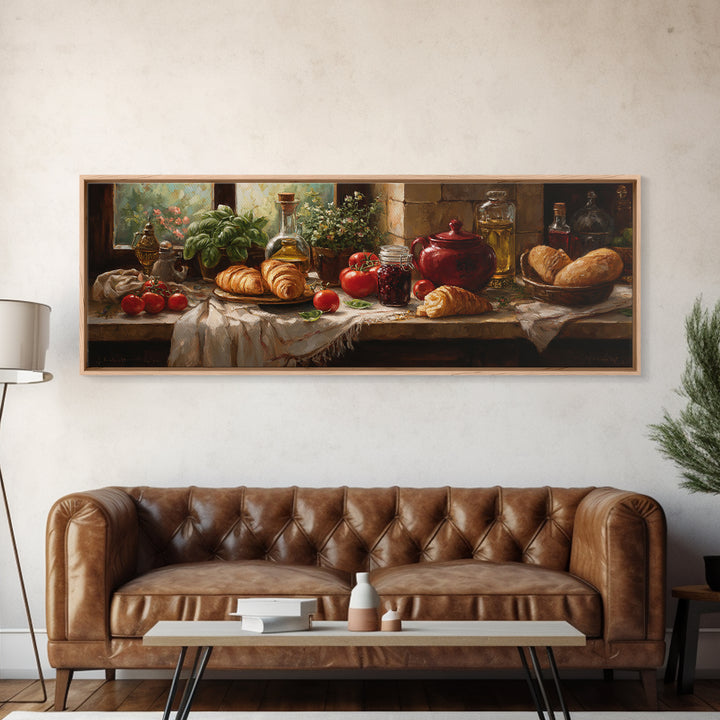 Fresh Croissants and Jam on a Linen Canvas Print, Bed and Breakfast Art, Farmhouse Wall Art, Living Room Decor, BAB-3x1-90