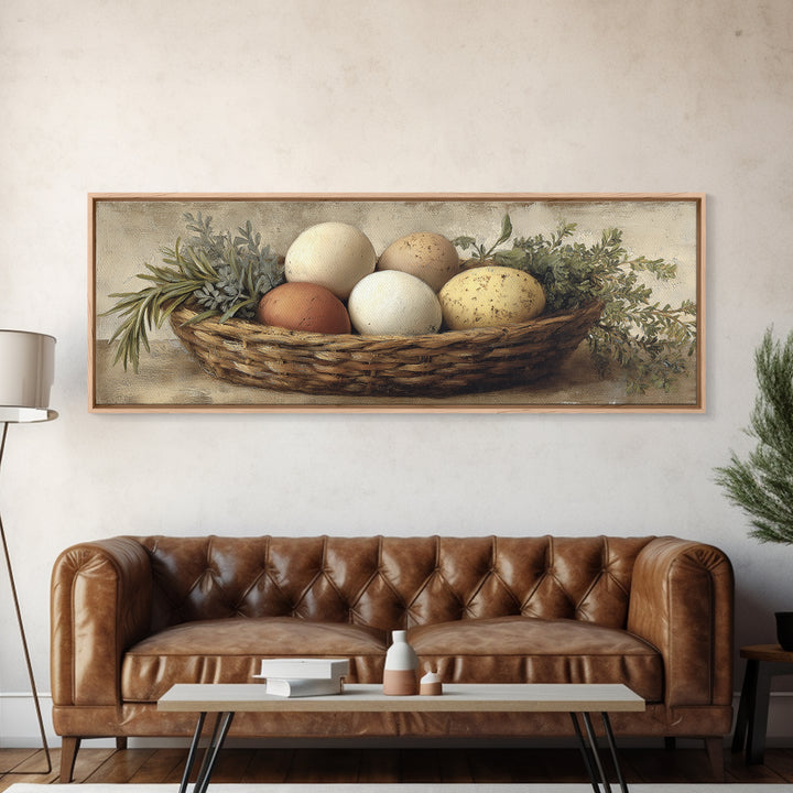 Fresh Eggs in a Woven Basket with Canvas Print, Bed and Breakfast Art, Coffee Art, Living Room Decor, Watercolor Art, BAB-3x1-94