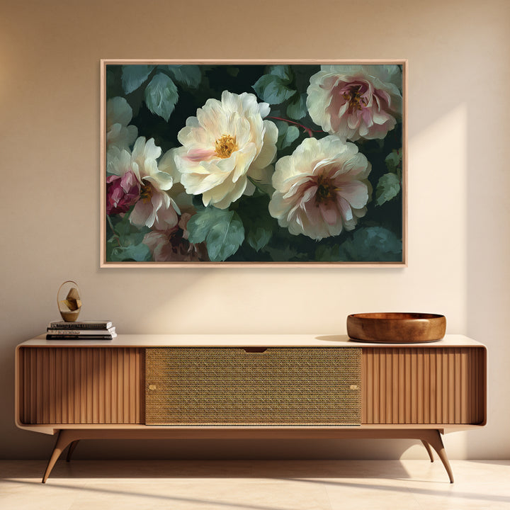 Garden Roses in Romantic Oil Paint Canvas Print, Bed and Breakfast Art, Bedroom Wall Decor, Living Room Decor, Fine Art, BAB-3x2-1