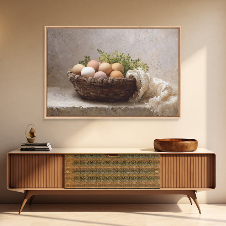Fresh Eggs in a Woven Basket with Framed Canvas Print, Bed and Breakfast Art, Bed, Living Room Decor, Fine Art, BAB-3x2-10