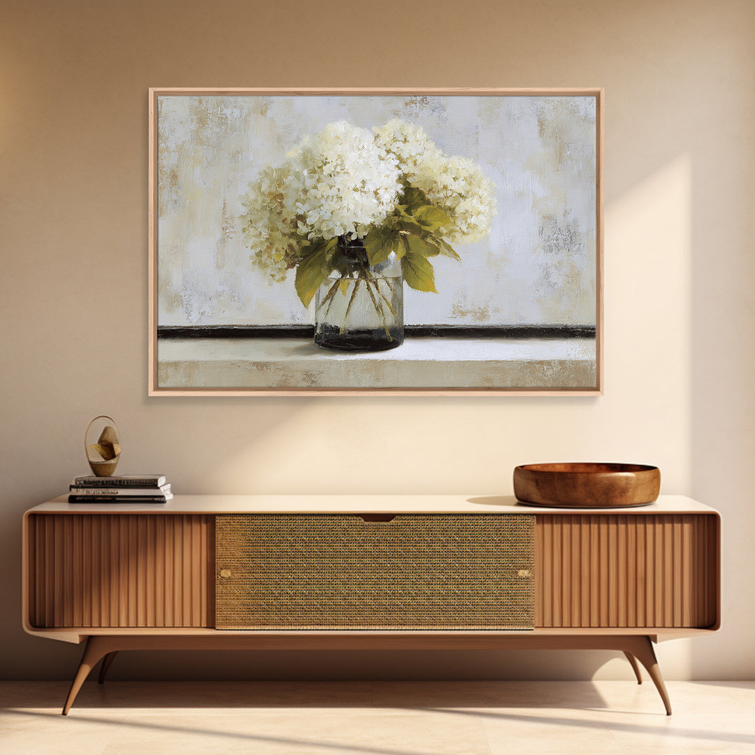 Sunlit Hydrangeas on a Windowsill Framed Canvas Print, Bed and Breakfast Art, Wood Wall Art, Living Room Decor, Fine Art, BAB-3x2-14