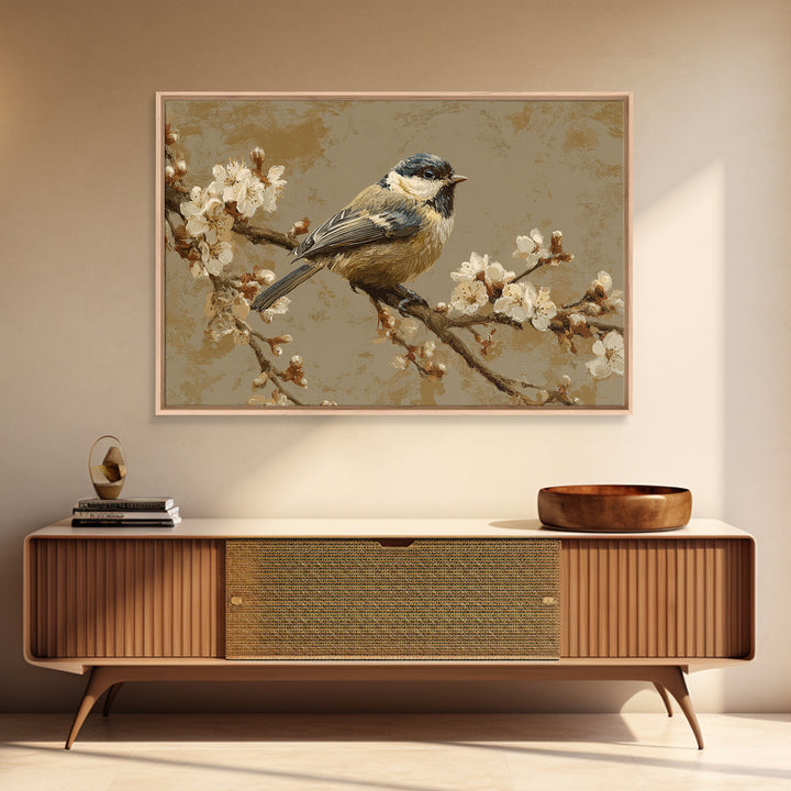 Small Bird on a Flowering Branch Framed Canvas Print, Bed and Breakfast Art, Printable Art, Living Room Decor, Watercolor Art, BAB-3x2-18