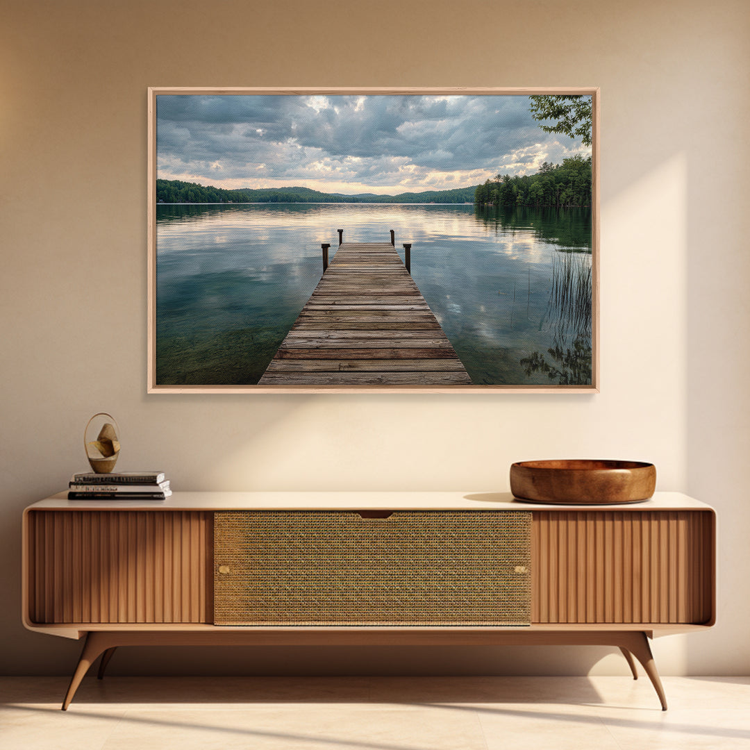 Quiet Lake Dock at Early Morning Framed Canvas Print, Bed and Breakfast Art, Canvas Wall Art, Living Room Decor, Fine Art, BAB-3x2-2