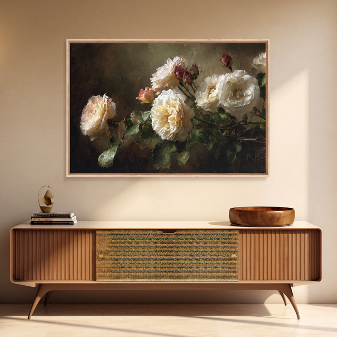 Garden Roses in Romantic Oil Paint Framed Canvas Print, Bed and Breakfast Art, Bedroom Prints, Living Room Decor, Fine Art, BAB-3x2-25