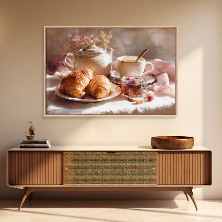 Fresh Croissants and Jam on a Linen Canvas Print, Bed and Breakfast Art, Above Bed Decor, Living Room Decor, Fine Art, BAB-3x2-30