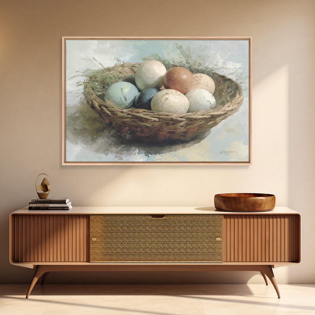 Fresh Eggs in a Woven Basket with Canvas Print, Bed and Breakfast Art, Coffee Art, Living Room Decor, Watercolor Art, BAB-3x2-34