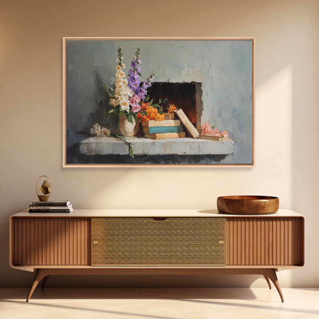 Warm Fireplace Still Life Framed Canvas Print, Bed and Breakfast Art, Bedroom Wall Decor, Living Room Decor, Fine Art, BAB-3x2-46