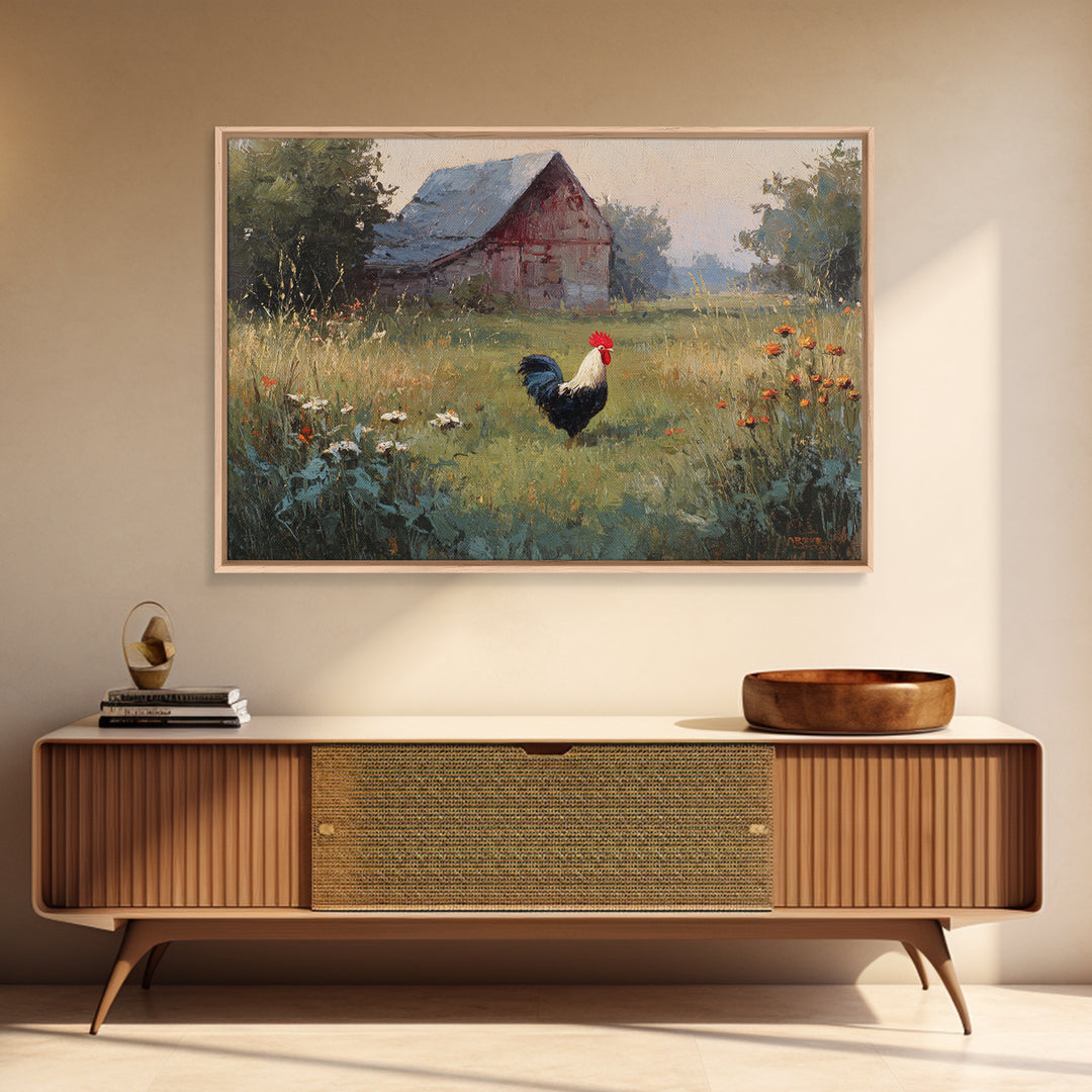 Rooster and Wildflower Country Portrait Framed Canvas Print, Bed and Breakfast Art, Digital Art, Living Room Decor, Fine Art, BAB-3x2-47