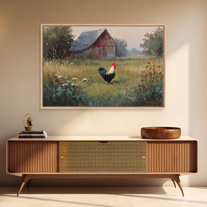 Rooster and Wildflower Country Portrait Framed Canvas Print, Bed and Breakfast Art, Digital Art, Living Room Decor, Fine Art, BAB-3x2-47