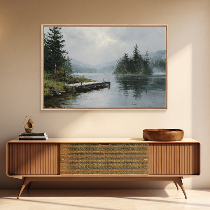 Quiet Lake Dock at Early Morning Framed Canvas Print, Bed and Breakfast Art, Farmhouse Wall Decor, Living Room Decor, Fine Art, BAB-3x2-50