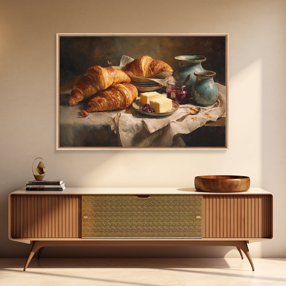 Fresh Croissants and Jam on a Linen Canvas Print, Bed and Breakfast Art, Above Bed Decor, Living Room Decor, Fine Art, BAB-3x2-54
