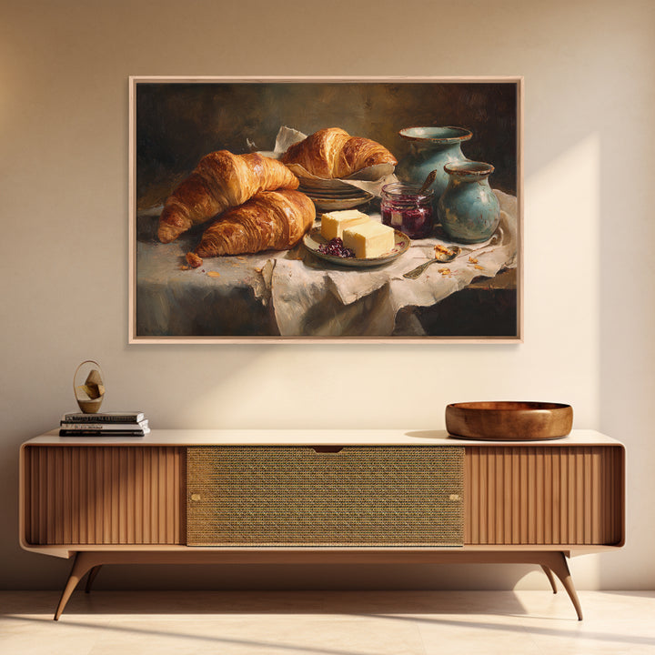 Fresh Croissants and Jam on a Linen Canvas Print, Bed and Breakfast Art, Above Bed Decor, Living Room Decor, Fine Art, BAB-3x2-54