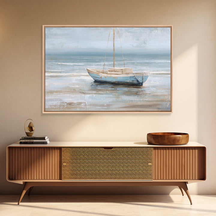 Coastal Inn Sailboat at Sunrise Framed Canvas Print, Bed and Breakfast Art, Gallery Decor, Living Room Decor, Fine Art, BAB-3x2-69