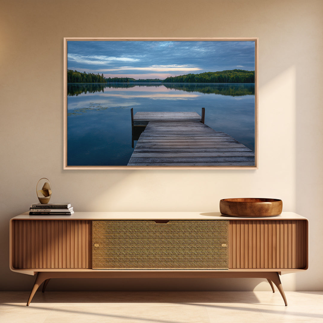 Quiet Lake Dock at Early Morning Framed Canvas Print, Bed and Breakfast Art, Farmhouse Wall Decor, Living Room Decor, Fine Art, BAB-3x2-74