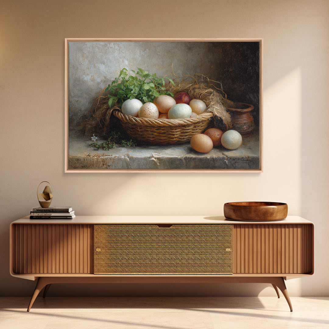 Fresh Eggs in a Woven Basket with Framed Canvas Print, Bed and Breakfast Art, Bedroom Art, Living Room Decor, Oil Painting, BAB-3x2-82