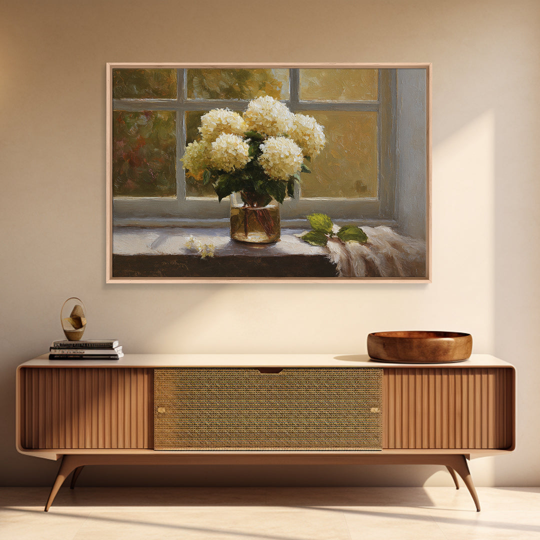 Sunlit Hydrangeas on a Windowsill Framed Canvas Print, Bed and Breakfast Art, Trendy Wall Art, Living Room Decor, Fine Art, BAB-3x2-86