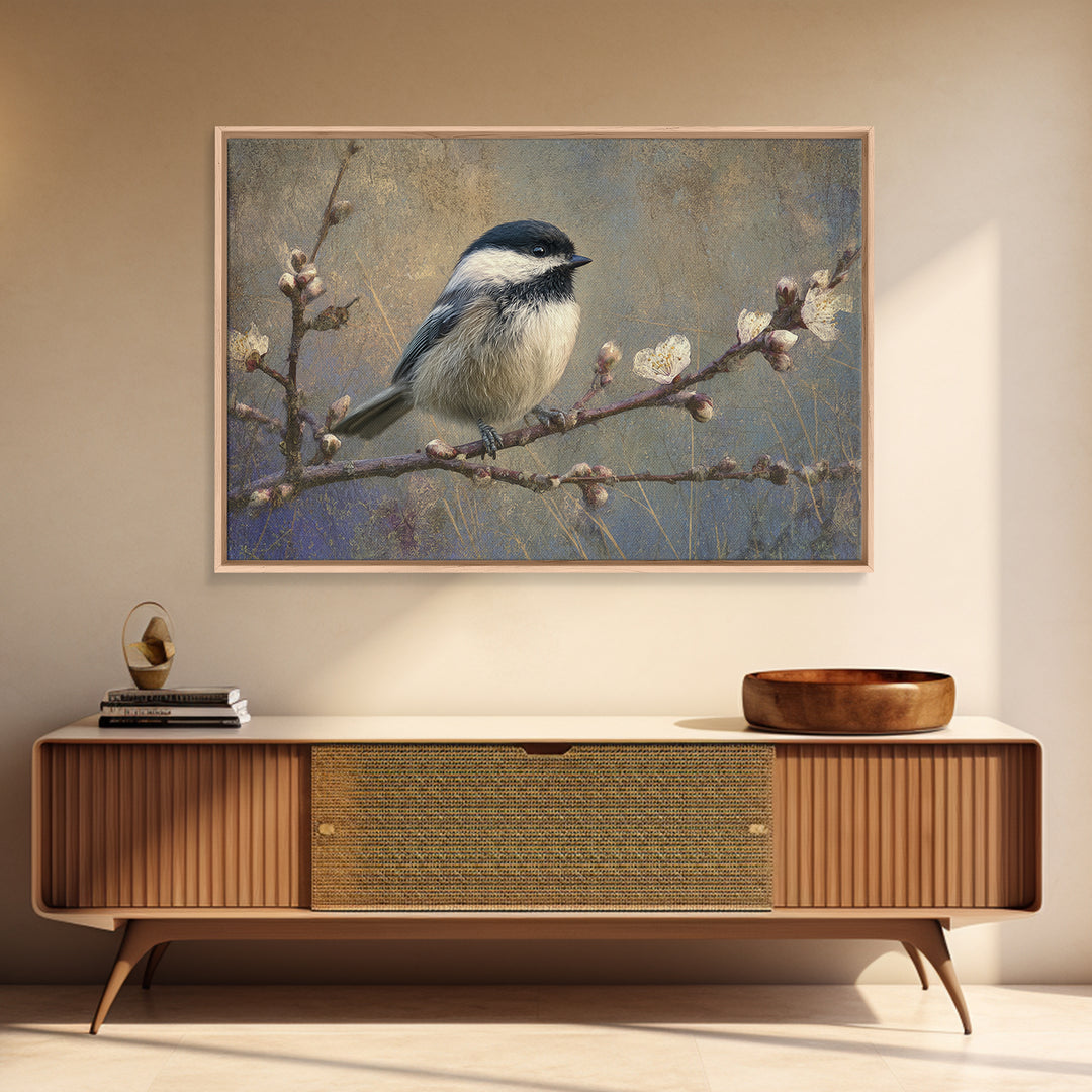 Small Bird on a Flowering Branch Framed Canvas Print, Bed and Breakfast Art, Farmhouse Wall Art, Living Room Decor, Fine Art, BAB-3x2-90