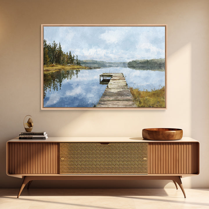 Quiet Lake Dock at Early Morning Canvas Print, Bed and Breakfast Art, Coffee Wall Art, Living Room Decor, Oil Painting, BAB-3x2-98