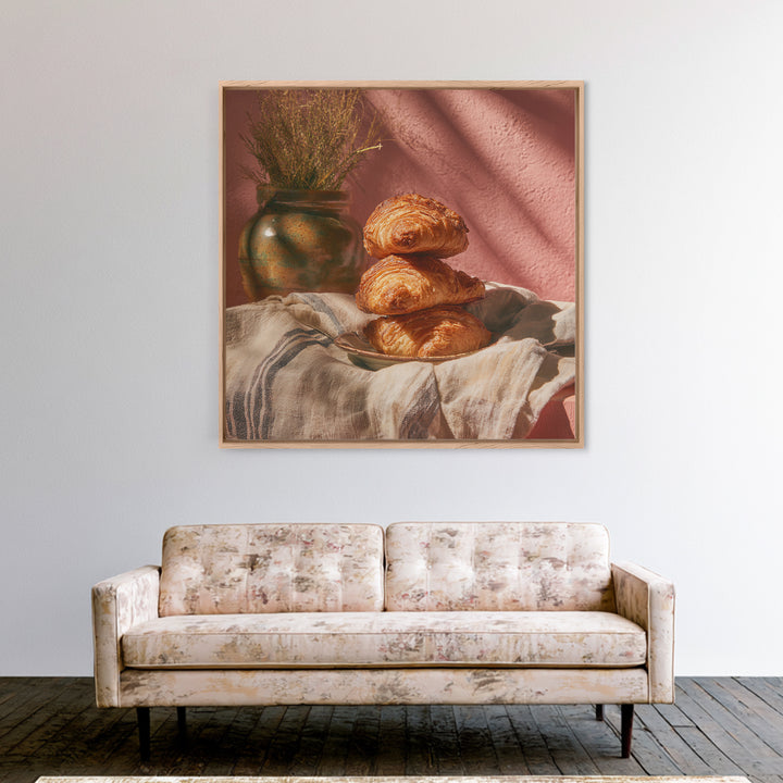 Buttery Croissants Stacked on Striped Linen Framed Canvas Print, Bakery Art, Modern Decor, Bakery Decor, Abstract Art, BAK-1x1-1