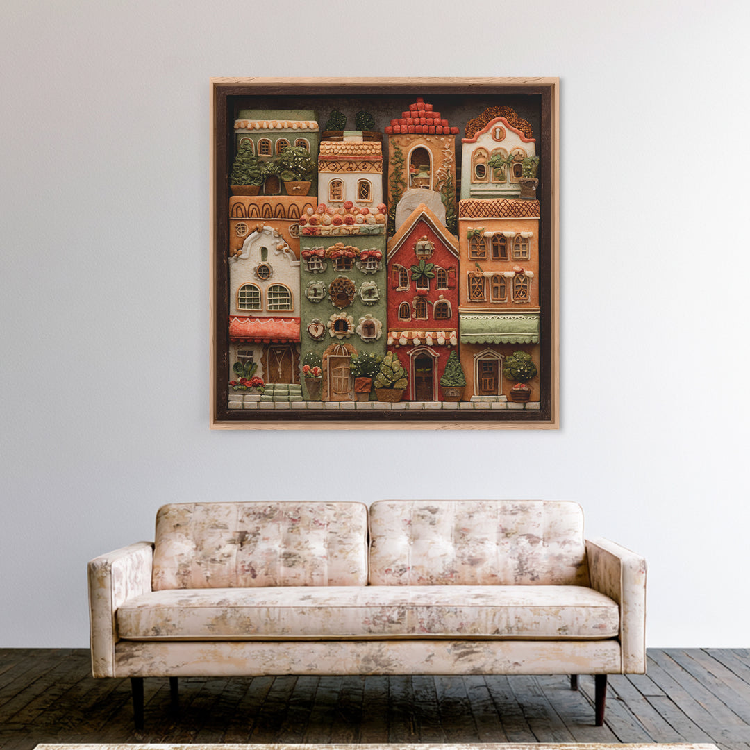 Gingerbread Houses in Charming Folk Art Style Canvas Print, Bakery Art, Whimsical Wall Art, Bakery Decor, Fine Art, Patisserie, BAK-1x1-14