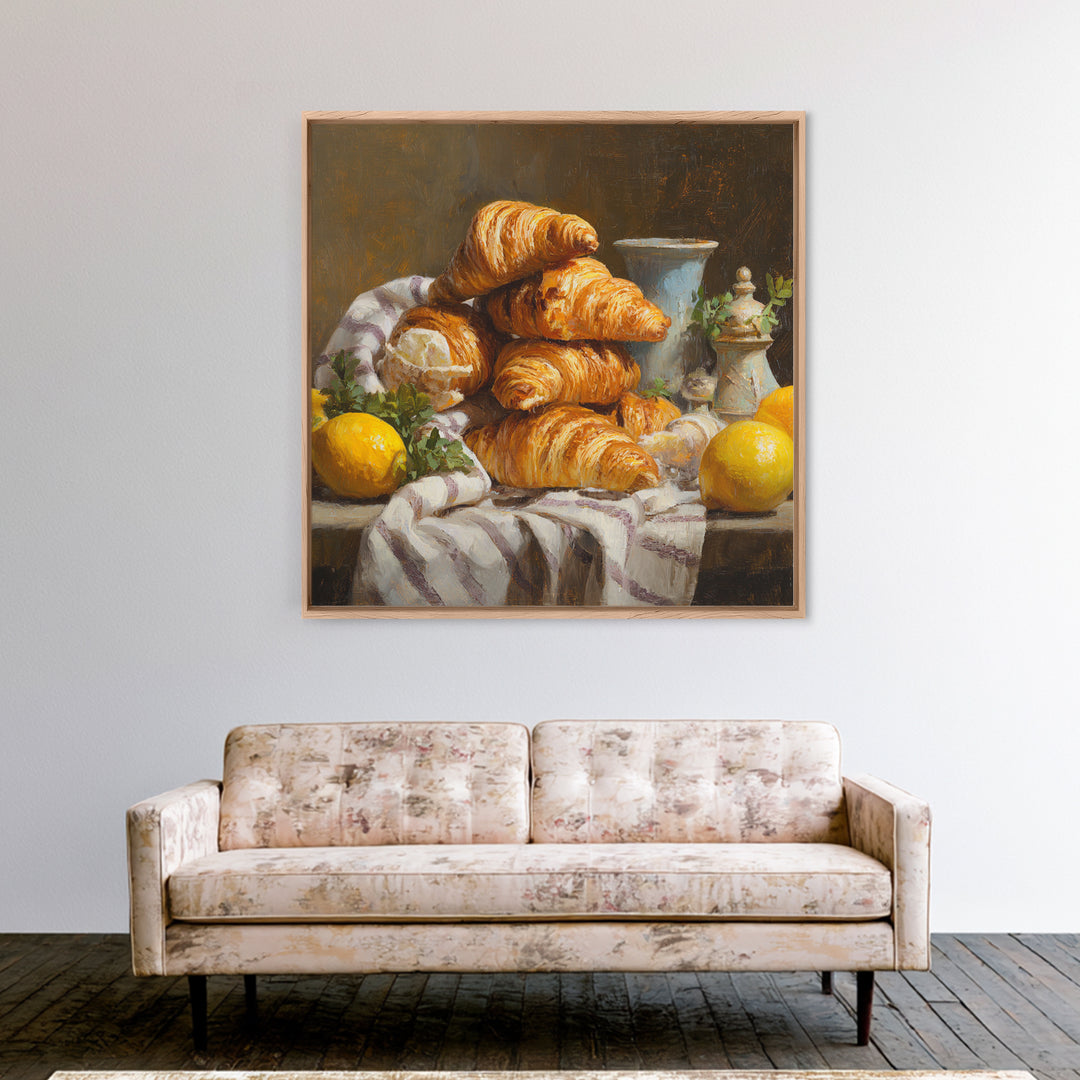 Buttery Croissants Stacked on Striped Linen Canvas Print, Bakery Art, Room Decor, Bakery Decor, Abstract Art, Patisserie, BAK-1x1-25
