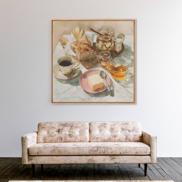 Baguette and Butter Still Life on Marble Framed Canvas Print, Bakery Art, Gallery Decor, Bakery Decor, Fine Art, Patisserie, BAK-1x1-32